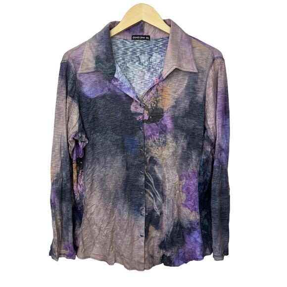 David Cline Abstract Blouse Womens XXL Long Sleeve‎ Colorful Artsy Purple Top - Picture 1 of 7